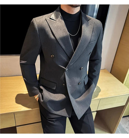(1 Pcs Jackets) New Thicken Thicken Striped Casual Suit Jacket Fashion Splicing Leather Neck Men's Business Slim Blazers Tuxedos