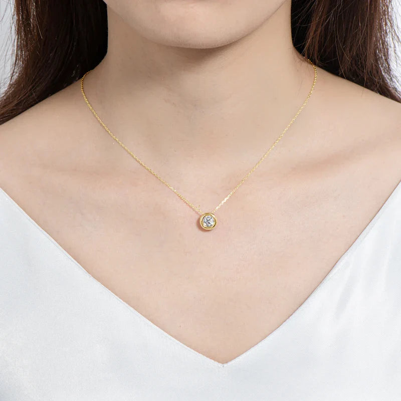 6.5mm Round Bezel Moissanite Pendant Necklace For Women 925 Sterling Silver Clavicle Chain Necklaces Jewelry Collare Mujer