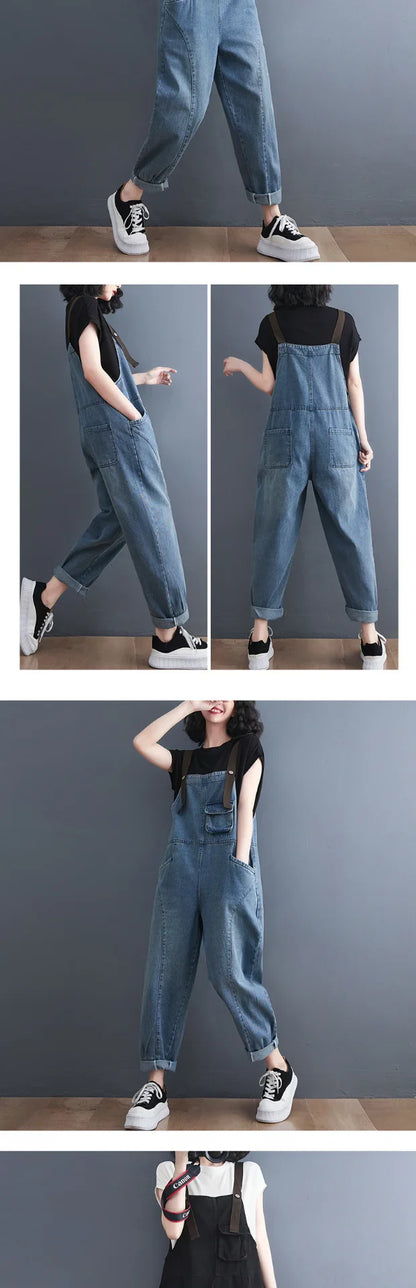 Loose Women's Denim Overalls Faionable Spring Summer High Waist Long Pants Thermal Properties Deep Color Korean Sle