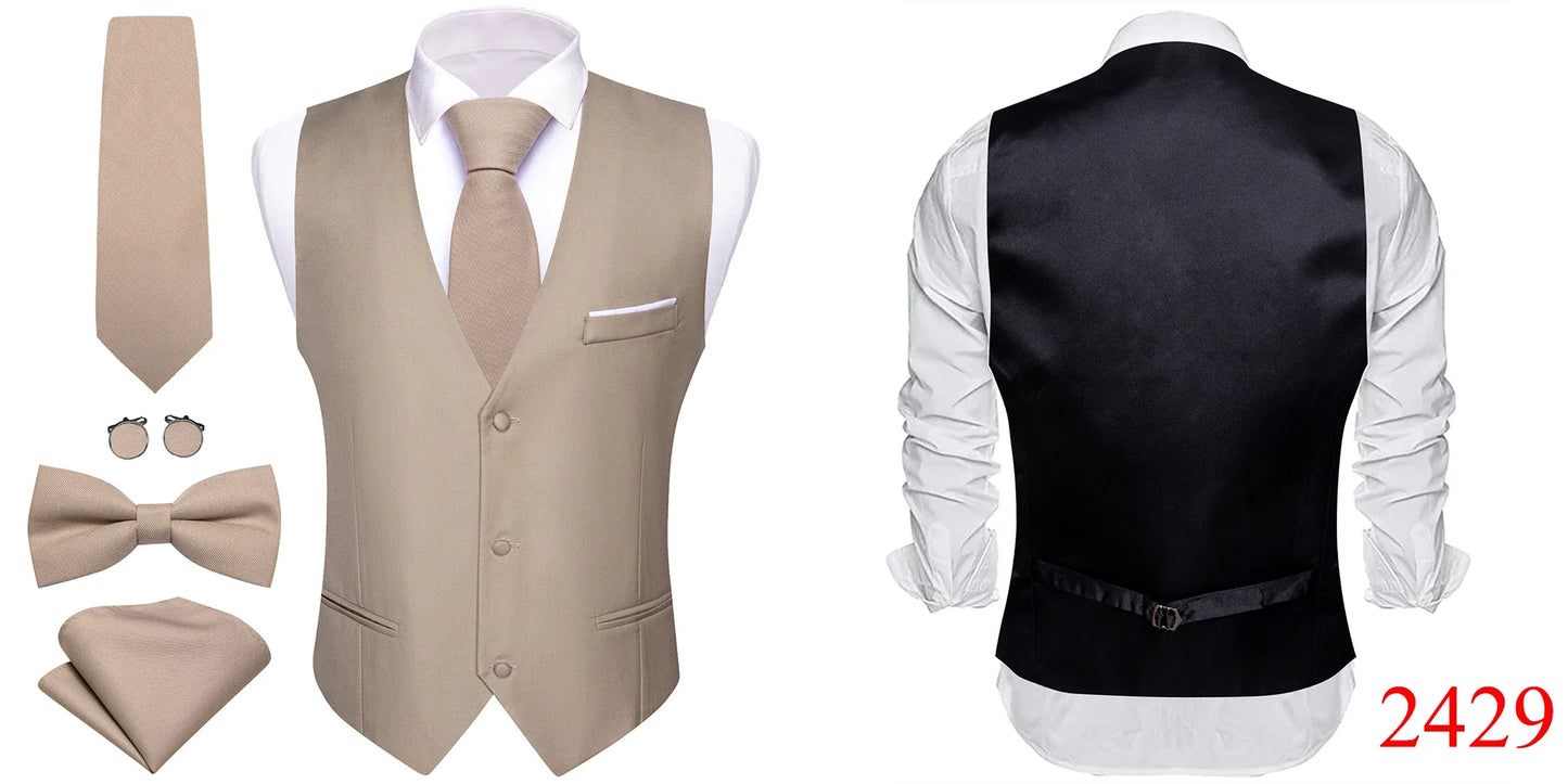 Elegant Vest for Men Pink Solid Satin Waistcoat Tie Bowtie Hanky Set Sleeveless Jacket Wedding Formal Male Gilet Suit Barry Wang