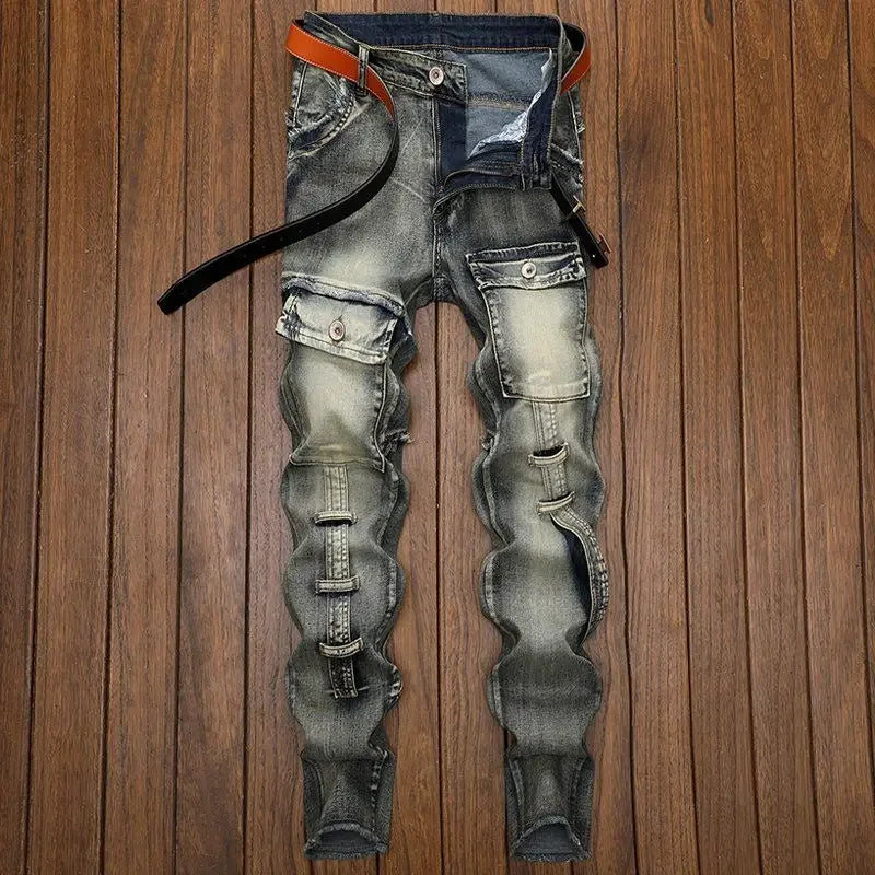 High Quality Fashion Luxury Retro Men's Denim Jeans Korean Style Vintage Casual Punk Motorcycle Designer Riding Cargo Jeans