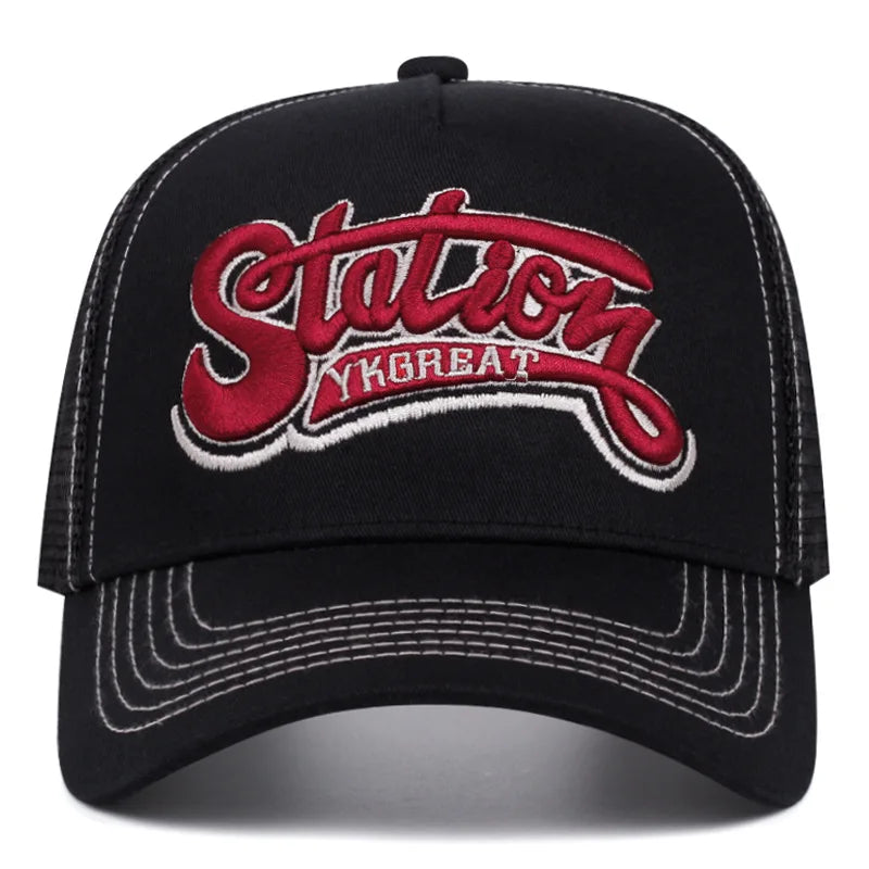 New Unisex American Locomotive Letter Embroidery Baseball Hats Sunshade Color Block Breathable Retro Trucker Caps Versatile Mesh