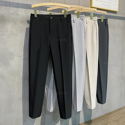 Summer Men's Casual Pants Suit Pant Slim Fit Work Elastic Waist Thin Jogging Business Trousers Male Black Grey Plus Size 40