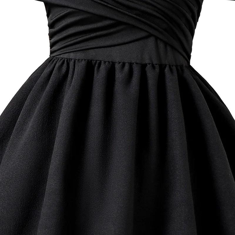Kids Dress For Girls Black Solid Color Sling Short Sleeve Ruched Tiered Dress 8-12 Years Summer Frenchy Simple Style Elegant