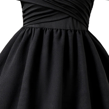 Kids Dress For Girls Black Solid Color Sling Short Sleeve Ruched Tiered Dress 8-12 Years Summer Frenchy Simple Style Elegant