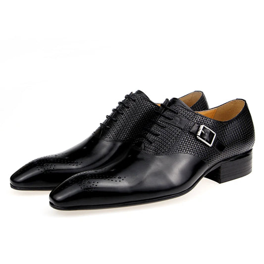 Mens Formal Genuine Leather Shoes Fashion Zapato Social Male Wedding Dress Loafer Weave Printing Lace-up Daily Brogue Shoes