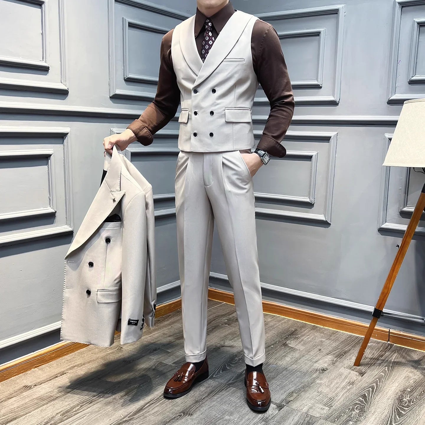 ( Vest + Pants) High-end Brand Solid Color Suit Vest 2 pieces Men Luxury Double Breasted Design Fashion Vest Set Club Clothing