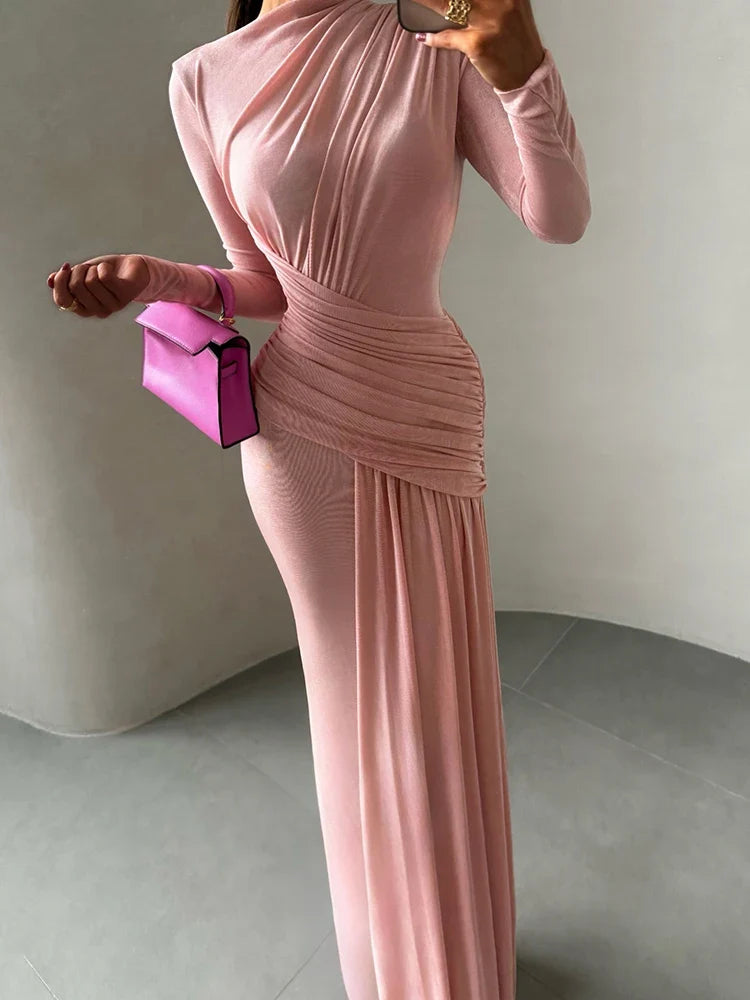 Folds Maxi Dress Women O-Neck Full Sleeve Solid Banquet Elegant Vacation Fashion Autumn Skinny Casual Simple Vestido