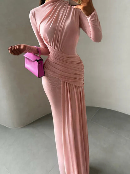 Folds Maxi Dress Women O-Neck Full Sleeve Solid Banquet Elegant Vacation Fashion Autumn Skinny Casual Simple Vestido