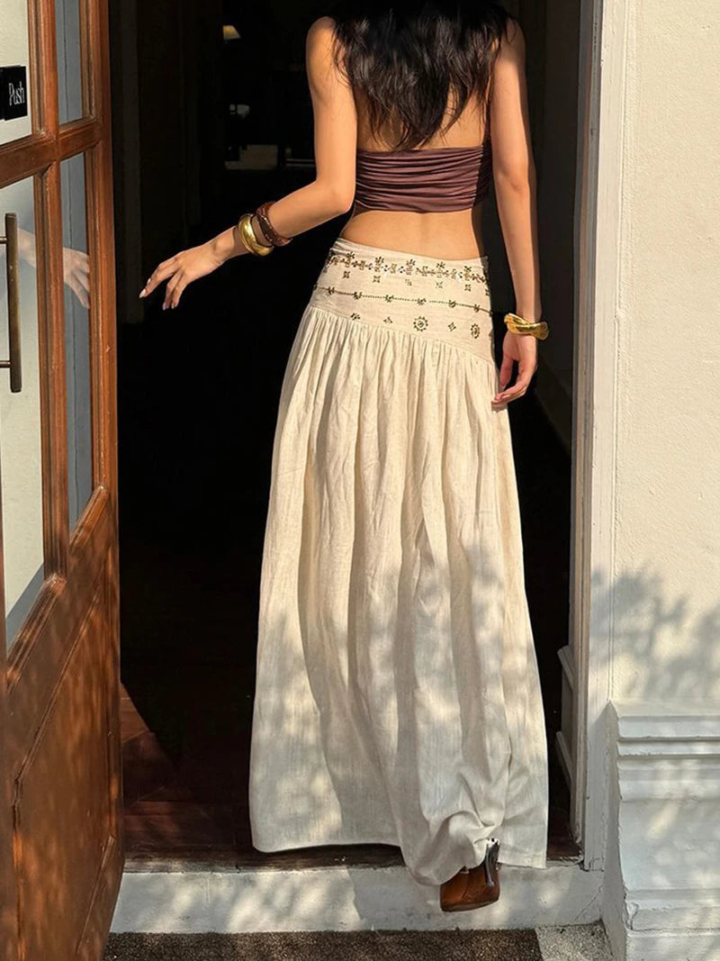 Vintage Beading Midi Skirt Women Vacation Beach Low Waist Skirts Summer Ladies Streetwear Korean Casual Design A Line Faldas New