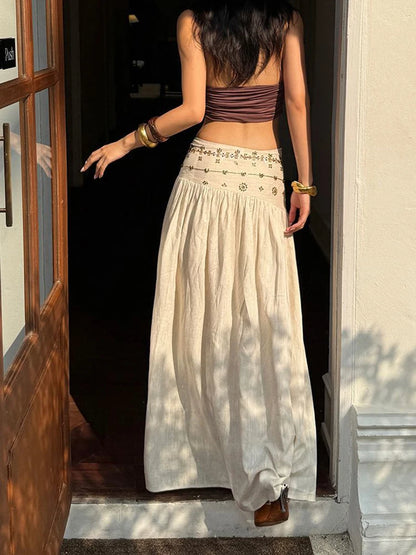 Vintage Beading Midi Skirt Women Vacation Beach Low Waist Skirts Summer Ladies Streetwear Korean Casual Design A Line Faldas New