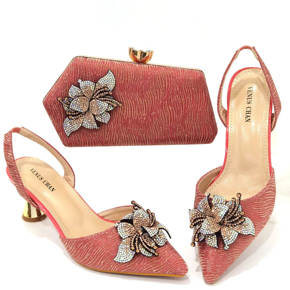 FASHION SHOE Sandals Women 2022 High Heels sexy Green Color Rhinestone Flowers Party Pumps Wedding Shoe and Matching Bag Set