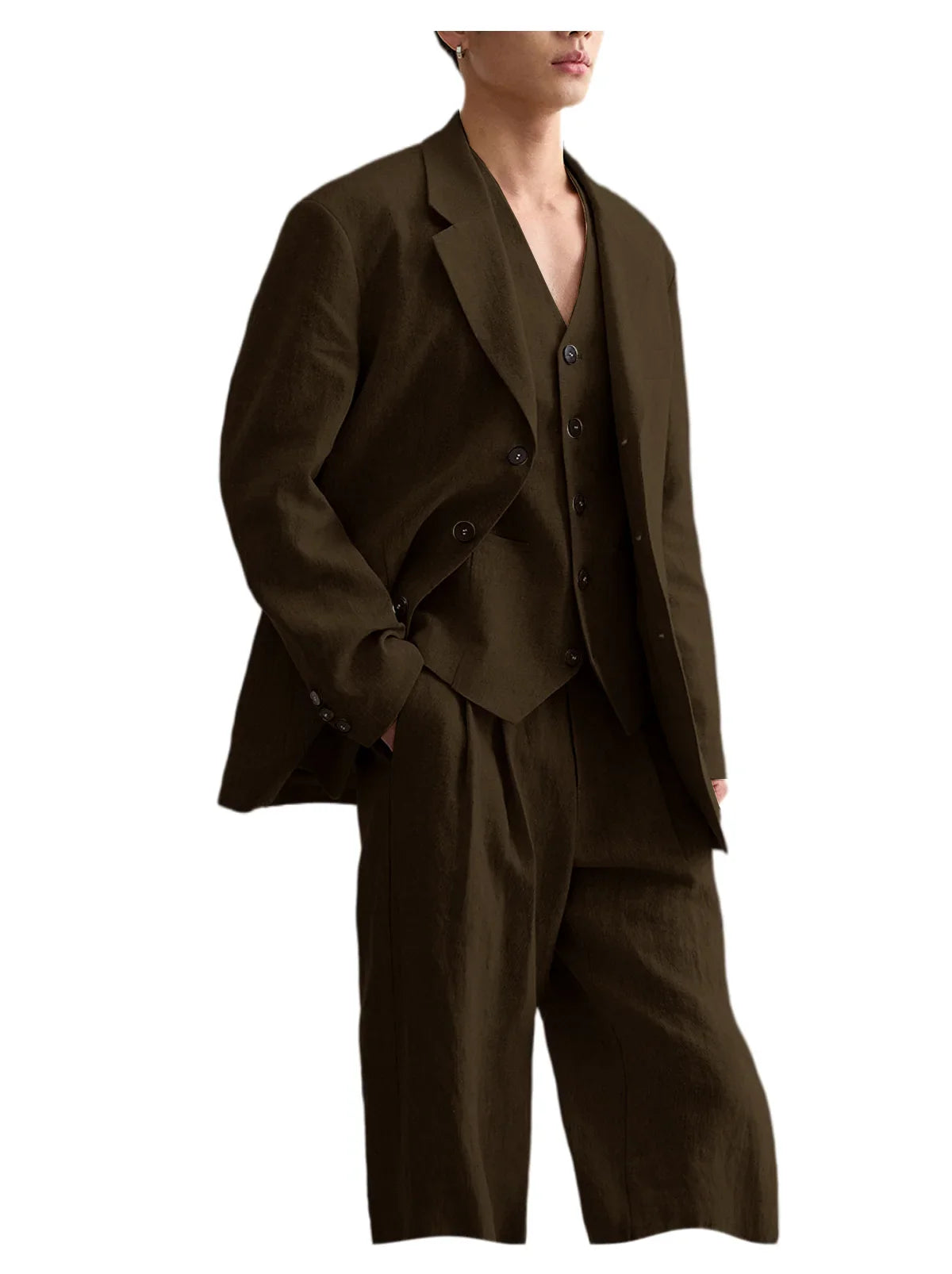 Men's Linen Suit Classic Notch Lapel 3 piece(Blazer+Vest+Pants)Breathable Wide Leg Trousers for Groom Spring Summer Party