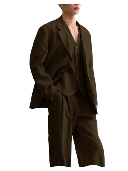 Men's Linen Suit Classic Notch Lapel 3 piece(Blazer+Vest+Pants)Breathable Wide Leg Trousers for Groom Spring Summer Party