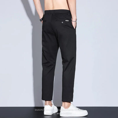 High Quality Summer Men's White Ankle Length Casual Pants 97%Cotton Breathable Straight Business Slim Work Chino Trousers Man