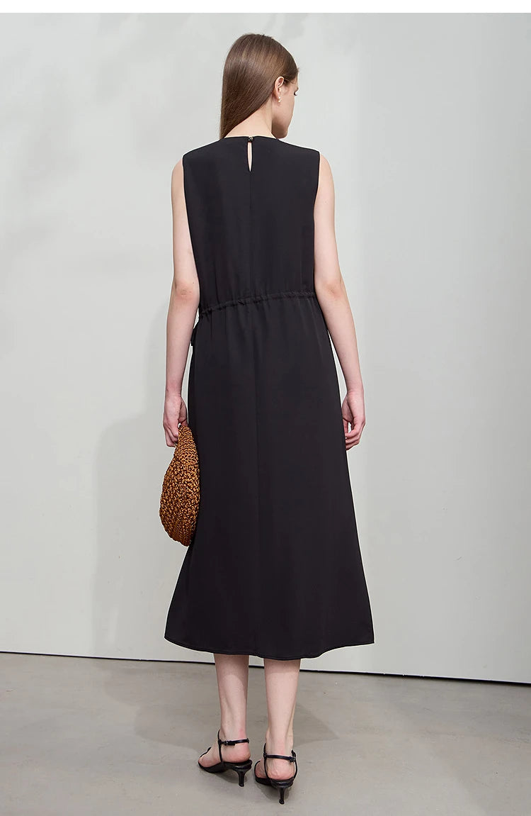 Minimalism Dresses 2025 Summer Vocation Women Loose Long Dresse Sleeveless High Waist Design Bead Drawstring Dress 12542177