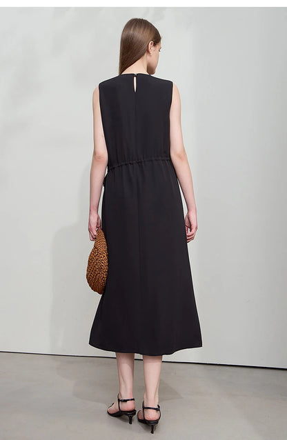 Minimalism Dresses 2025 Summer Vocation Women Loose Long Dresse Sleeveless High Waist Design Bead Drawstring Dress 12542177