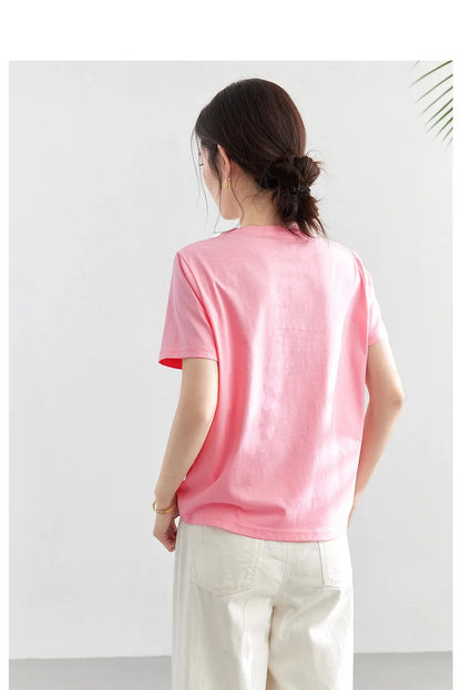 100% Cotton Summer T-Shirt Women 2026 Pink Tees Fashion Heavy 3D Floral Casual Crew Neck Short Sleeve Top A6182