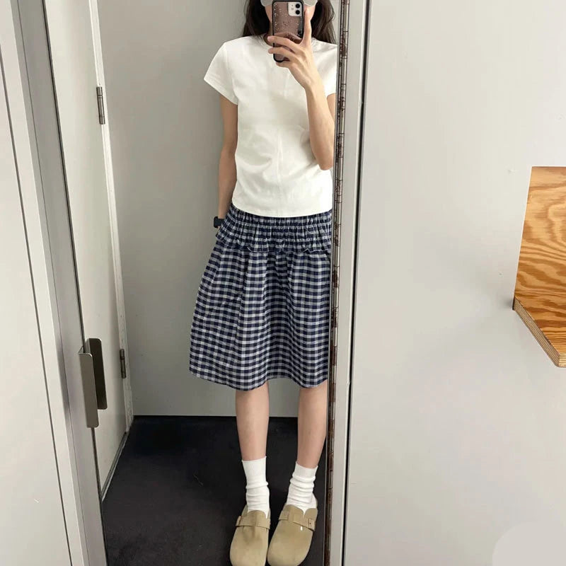 Vintage Plaid Mini Skirt Women Harajuku Aesthetic Patchwork Knee Length Skirts Summer Korean High Waist A Line Faldas New