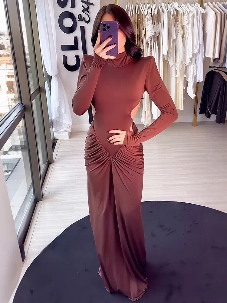 Shirring Sheath Maxi Dresses High Street Classic Full Sleeve Straight Shoulder Backless Vestidos Mujer Evening Wear