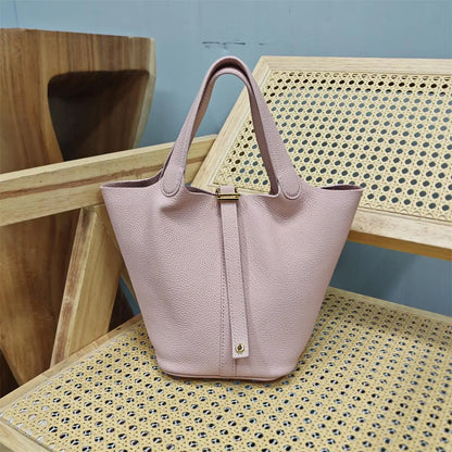 Top Layer Cowhide Leather Handbag European Sle Buet Bag Fre Vegetable Basket Ladies Handbag Soft Handle Casual Faion