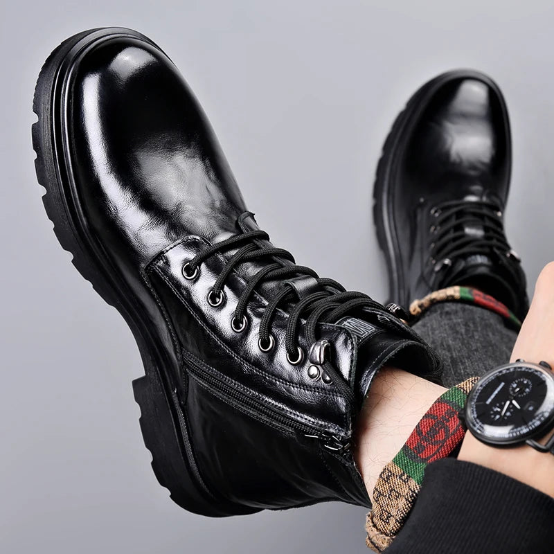 British Style Mens Winter Platform Snow Boots Fashion Genuine Leather Outdoor Antiskid Walking Ankle Boots Mens High Top Boots