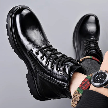 British Style Mens Winter Platform Snow Boots Fashion Genuine Leather Outdoor Antiskid Walking Ankle Boots Mens High Top Boots