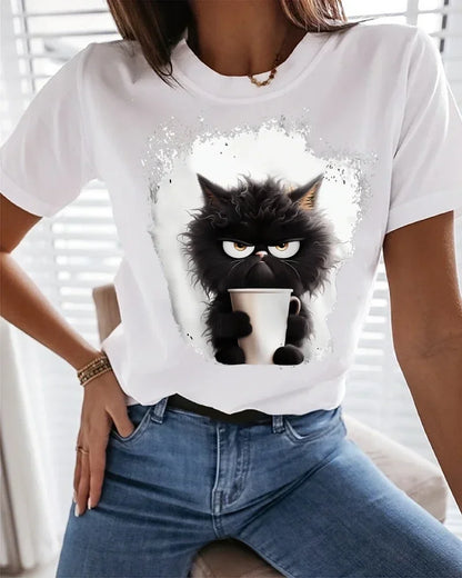 Street Women'S T-Shirts Cat Daily Weekend Black Printing Tops Soft Breathable O-Neck Short Sleeve Summer Casual Female Clothes ﻿