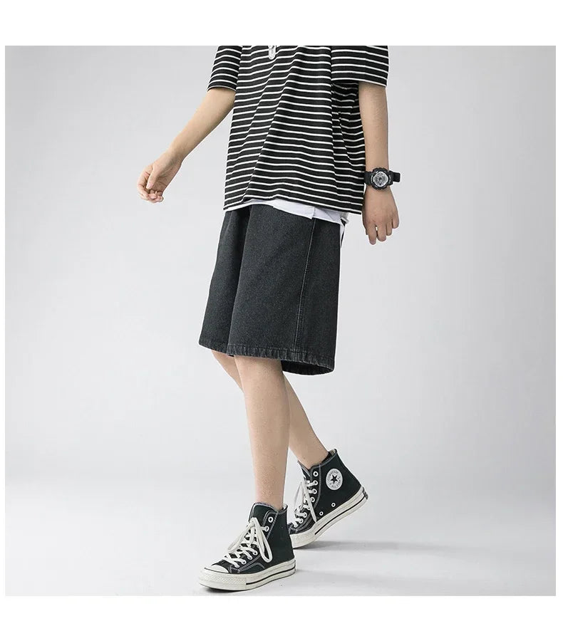 Wide Baggy Denim Shorts Men Summer Thin Solid Color Casual Loose Knee-length Pants Male Jeans Shorts Streetwear