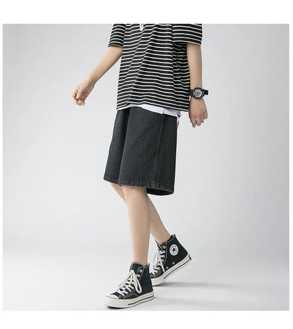 Wide Baggy Denim Shorts Men Summer Thin Solid Color Casual Loose Knee-length Pants Male Jeans Shorts Streetwear
