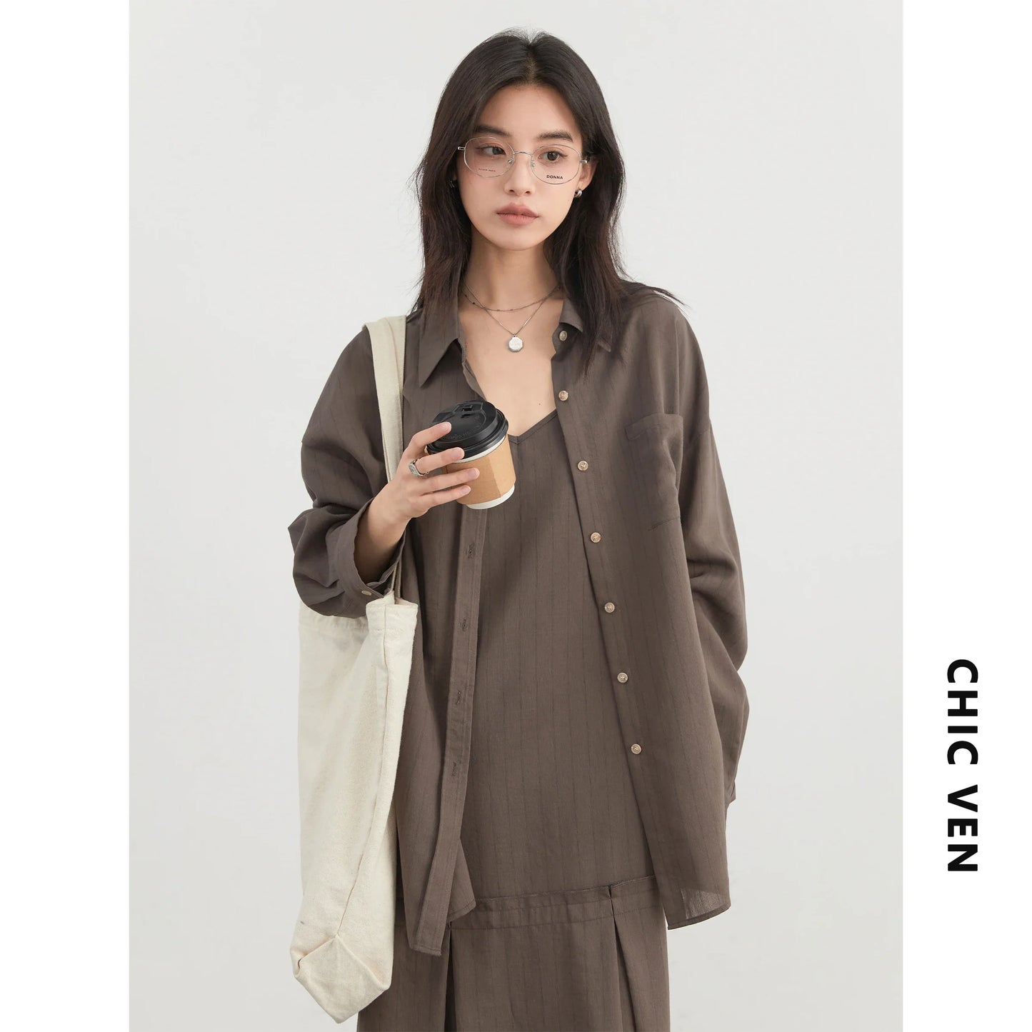 Women Dress Sets Stripe Shirt Loose Casual Long Sleeve Sunscreen Blouses Camisole V-neck Dresses Spring Autumn 2025