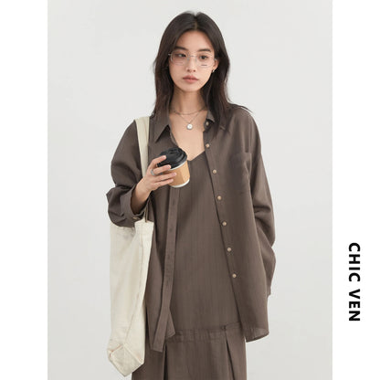 Women Dress Sets Stripe Shirt Loose Casual Long Sleeve Sunscreen Blouses Camisole V-neck Dresses Spring Autumn 2025