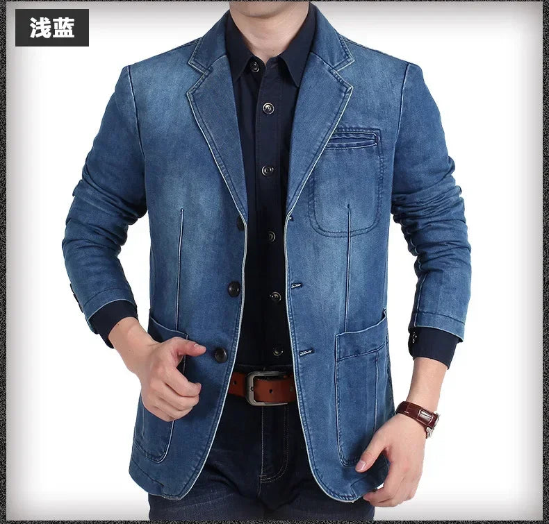 Blazer Men's Fashion Gentleman Business Retro Versatile Trendy Wedding Professional Casual Solid-color Host Cotton Denim Blazer