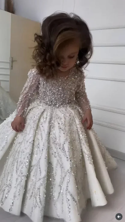 MisShow Custom Flower Girl Dress Wedding Dress First Christmas Dress Party Dress Long Sleeve Sequin Princess Kids Formal Dress