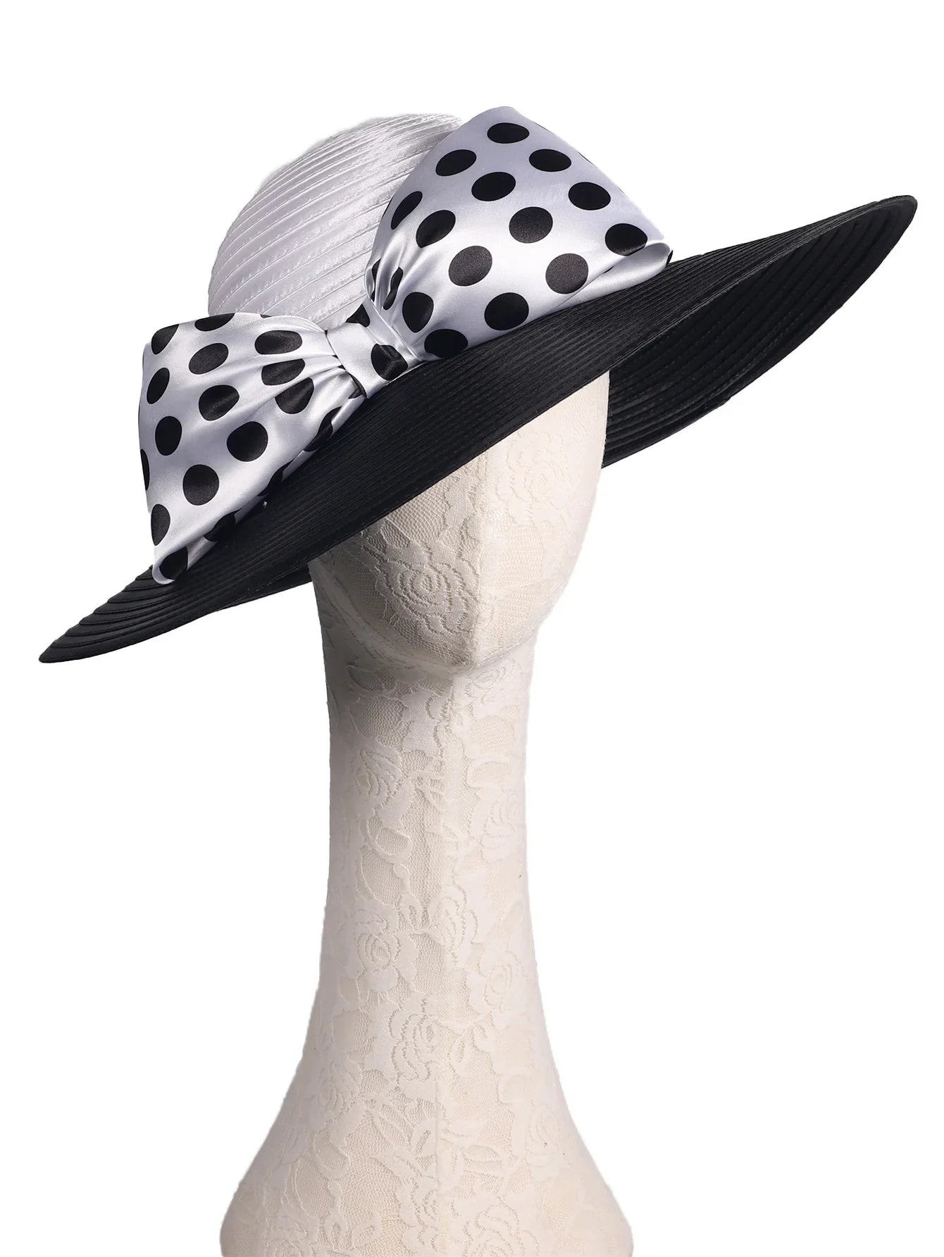 Elegant Women Wide Brim Rose Black Patchwork Polka Dots Kentucky Hat For Wedding Party Hat Big Bowknot Fedora Beach Cap