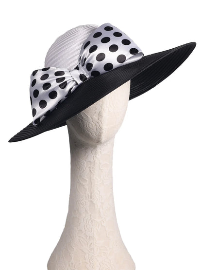 Elegant Women Wide Brim Rose Black Patchwork Polka Dots Kentucky Hat For Wedding Party Hat Big Bowknot Fedora Beach Cap