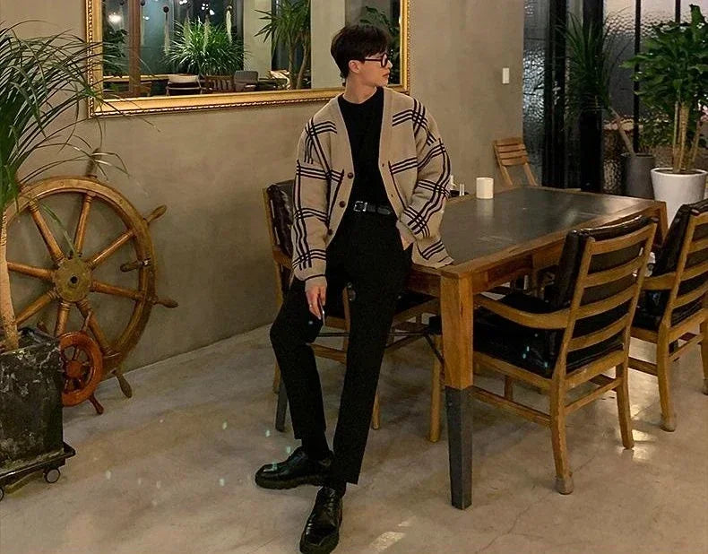 Men's Clothing Cardigan Jacket V Neck Coat Knit Sweater Male Plaid Elegant Casual Long Sleeve 100% Korean 2025 Autumn Classic A