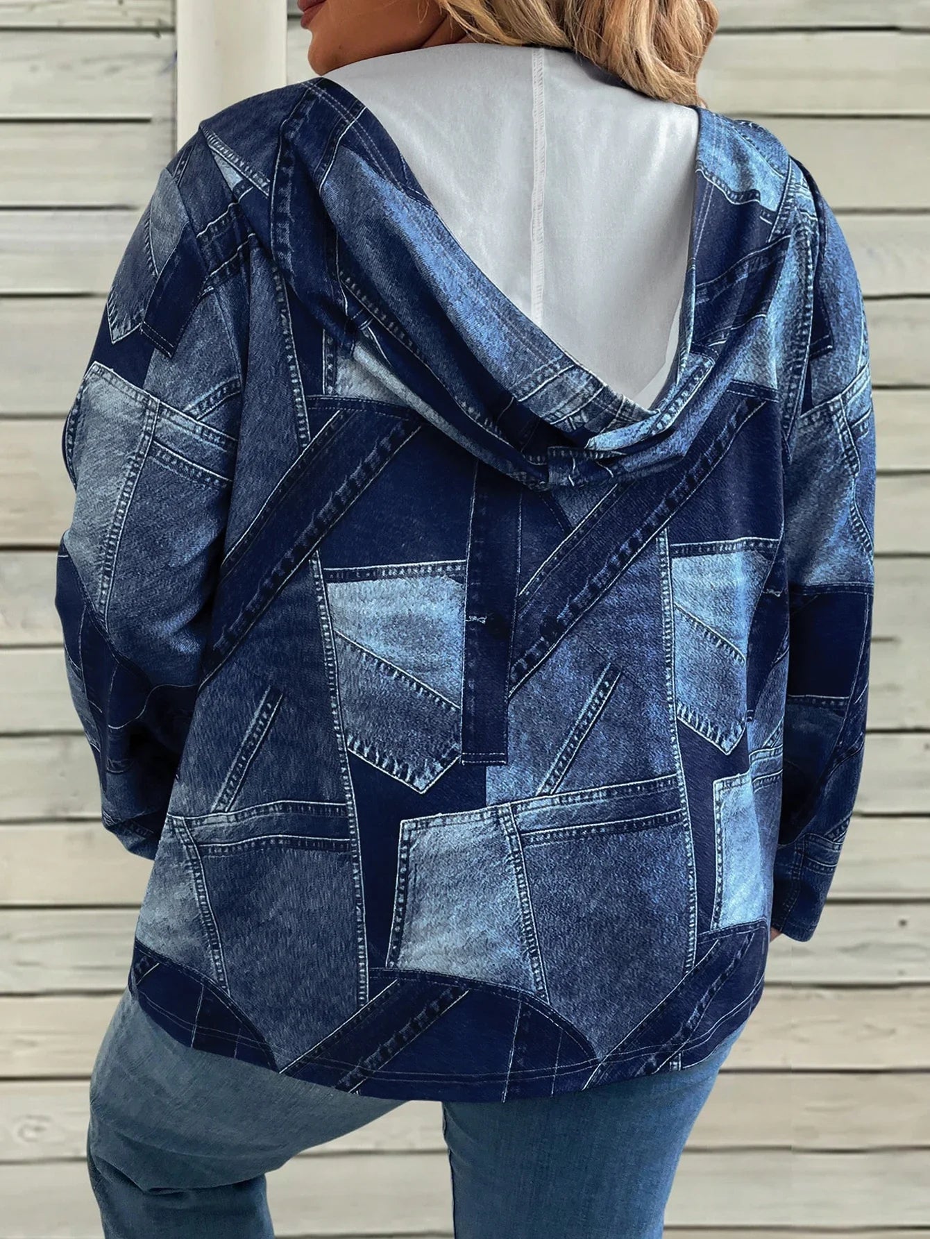 Plus Size Women's Denim Patchwork Hoodie, Zip - Up, Casual Fall & Daily Outfit，fashion long-sleeve women‘s Sweatshirt