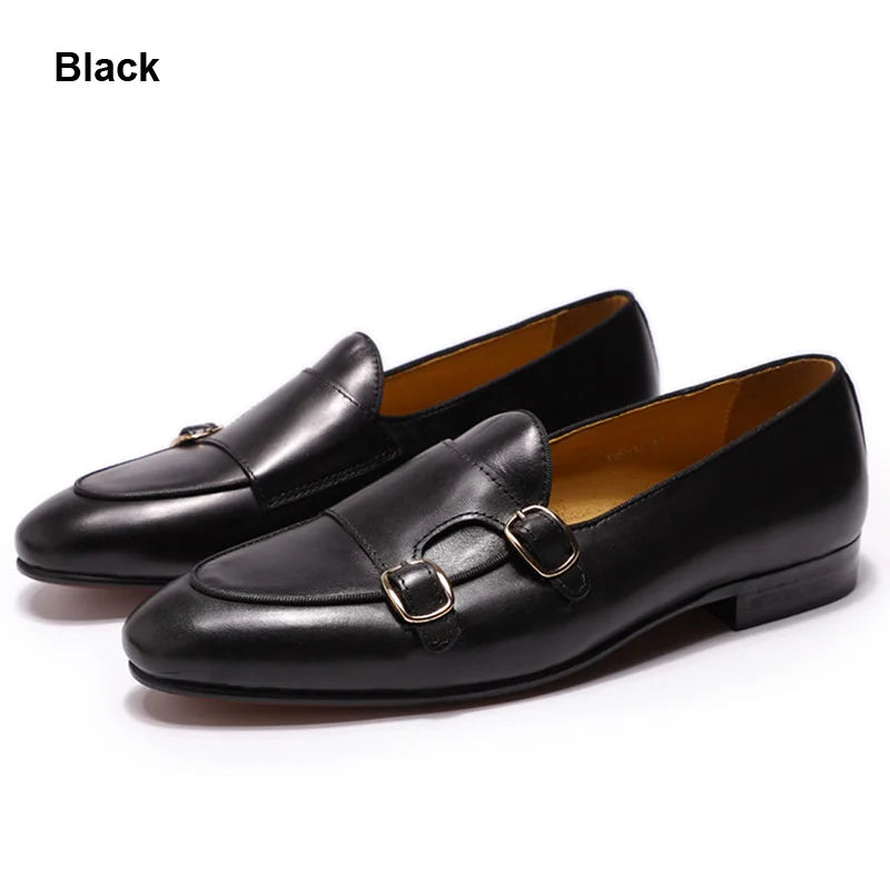 Men's Genuine Leather Loafers Handmade Monk Strap Casual Dress Shoes for Wedding Party Summer Autumn Footwear
