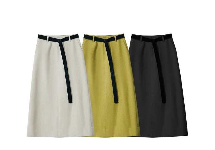 Minimalism Women's Elegant Commuter Skirts with Velvet Belt 2024 Winter Twill Fabric Warm Slit Straight Midi Skirt 12444183