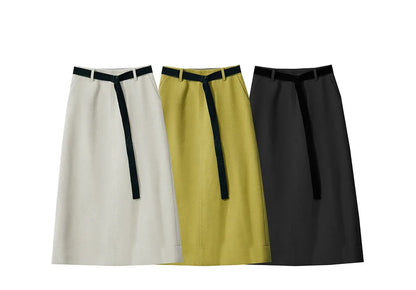 Minimalism Women's Elegant Commuter Skirts with Velvet Belt 2024 Winter Twill Fabric Warm Slit Straight Midi Skirt 12444183