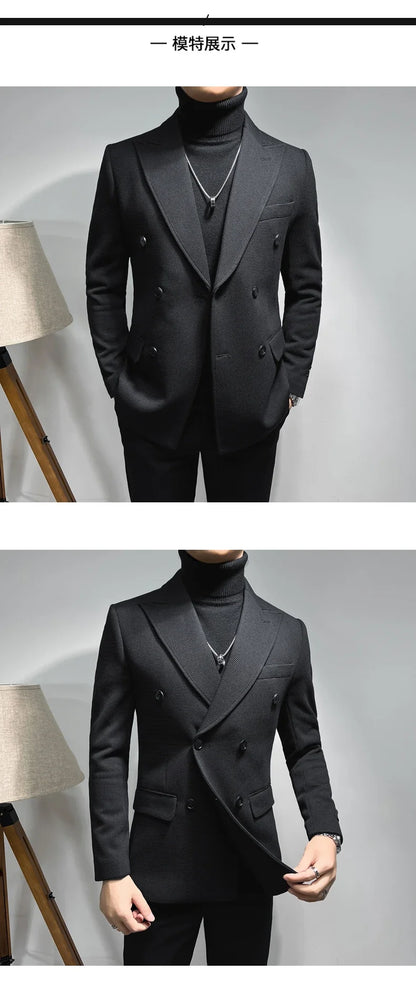 2025 Spring New Men's Waffle Double Breasted Suit Jacket High Quality Business Slim Fit Blazers Groom Social Party Dress Coats