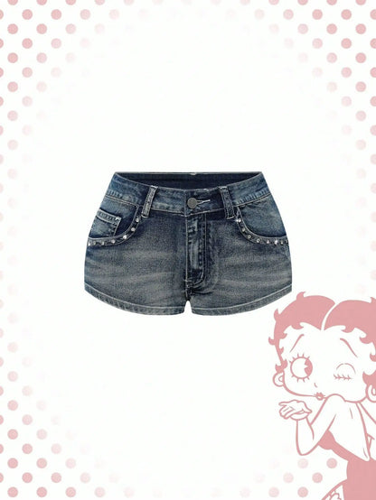 Women's Blue Denim Shorts Y2k Jeans Harajuku American Vintage High Waist Jorts Casual Jeans 2000s Embroidery Sexy Clothes Summer