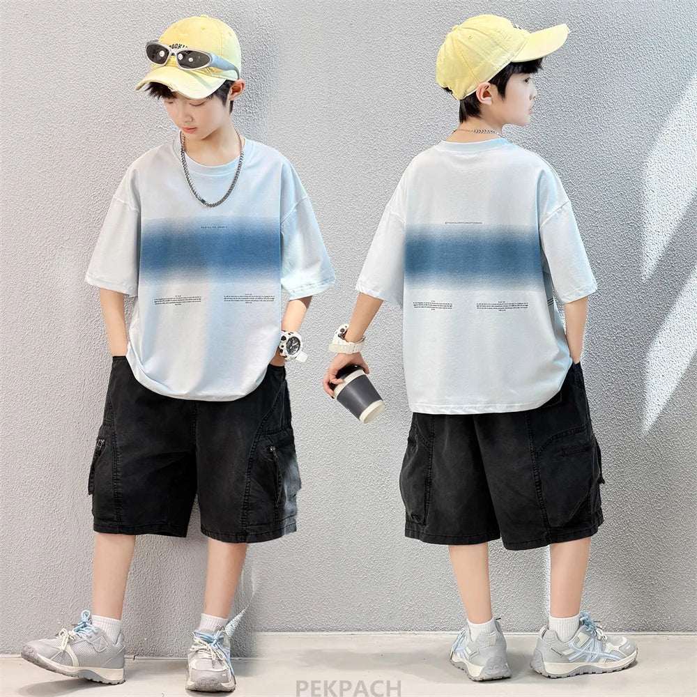 Luxury Children's Summer Clothing Top and Bottom Set For Boys 2PCS Cotton Outerwear Suit Kids School Clothes Tracksuit Age 5-14Y