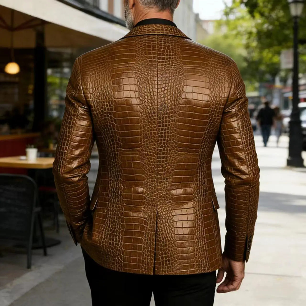 Men's Crocodile Pattern Leather Blazer Patchwork PU Leather Suit Jacket Notched Lapel Slim Fit Business Casual Coat Outerwear