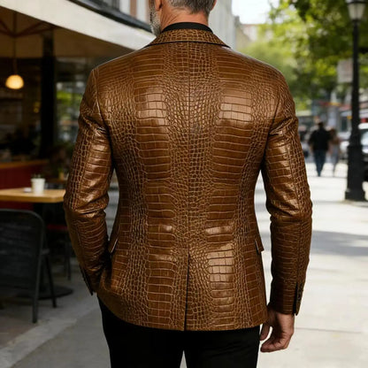 Men's Crocodile Pattern Leather Blazer Patchwork PU Leather Suit Jacket Notched Lapel Slim Fit Business Casual Coat Outerwear