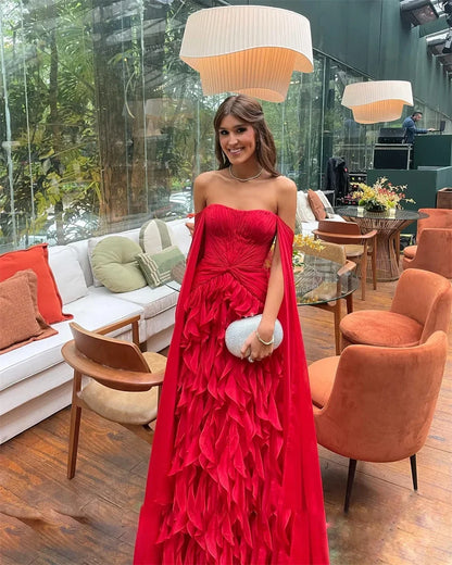 Red Off Shoulder Tiered Ruffles Prom Dress Detachable Shawl vestidos de noiva Customize A-line Floor-length Formal Evening