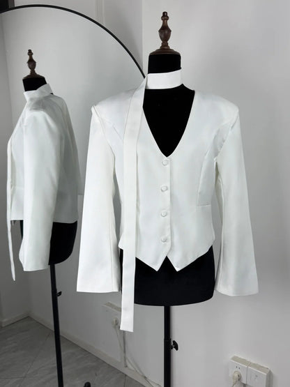 Single Breasted Coat Women's V Neck Scarf With Long Sleeve Waist-Cinching Blazer Jacket Lady Casual Slim Commute Coat