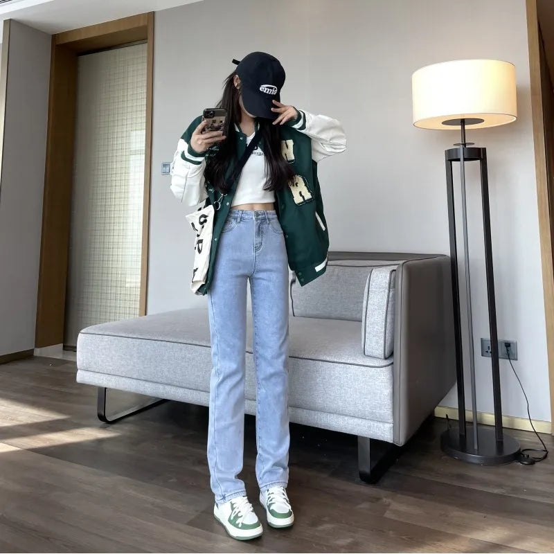 Black 2024 Winter Straight Fleece Jeans Women Casual Vintage Warm Thick Loose High Waist Elastic Velvet Denim Pants