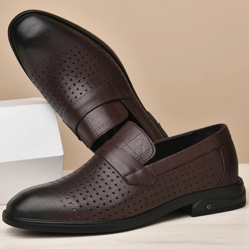 Italian Mens Casual Leather Outdoor Shoes Breathable Casual Hollow Out Men's Soft Bottom Shoes Comfy Flat Designer Walking Shoes